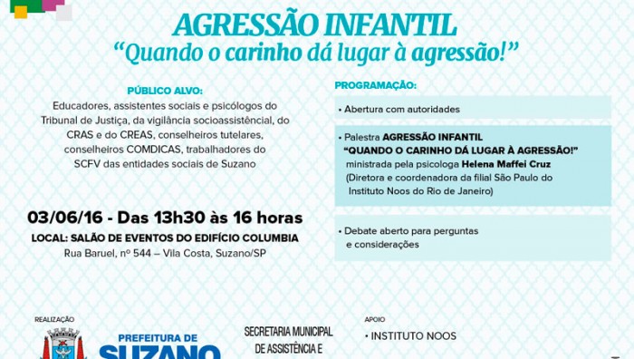 Prefeitura realiza nesta sexta-feira palestra sobre Agressão Infantil