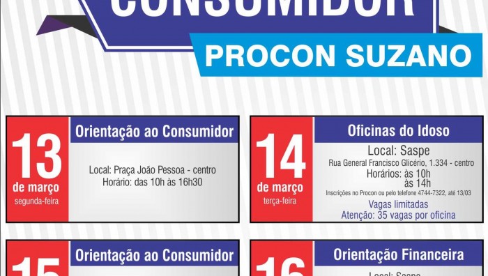 “Semana do Consumidor” do Procon de Suzano-SP acontece de 13 a 16 de março