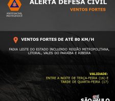 Defesa Civil alerta para rajadas de até 80km/h